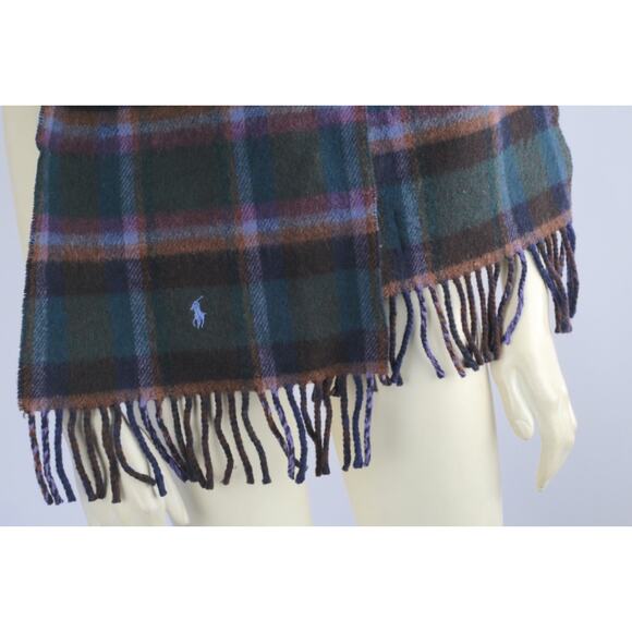 Vintage Polo Ralph Lauren Lambswool Plaid Fringe Shawl Wrap Scarf Luxury Classic - Picture 3 of 9